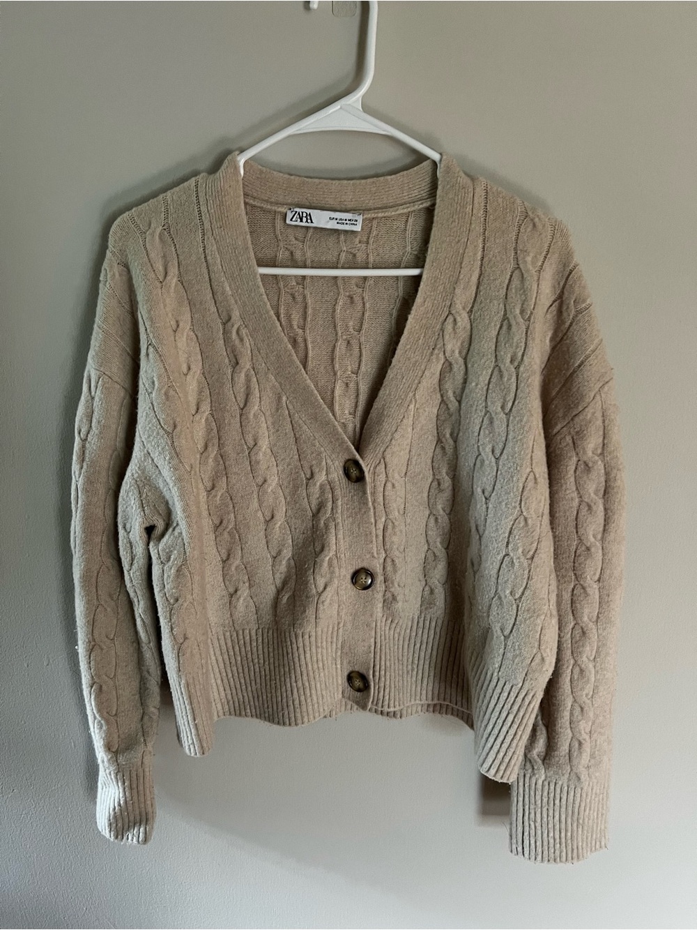 ZARA Tan Cable Knit V-Neck Button Cardigan